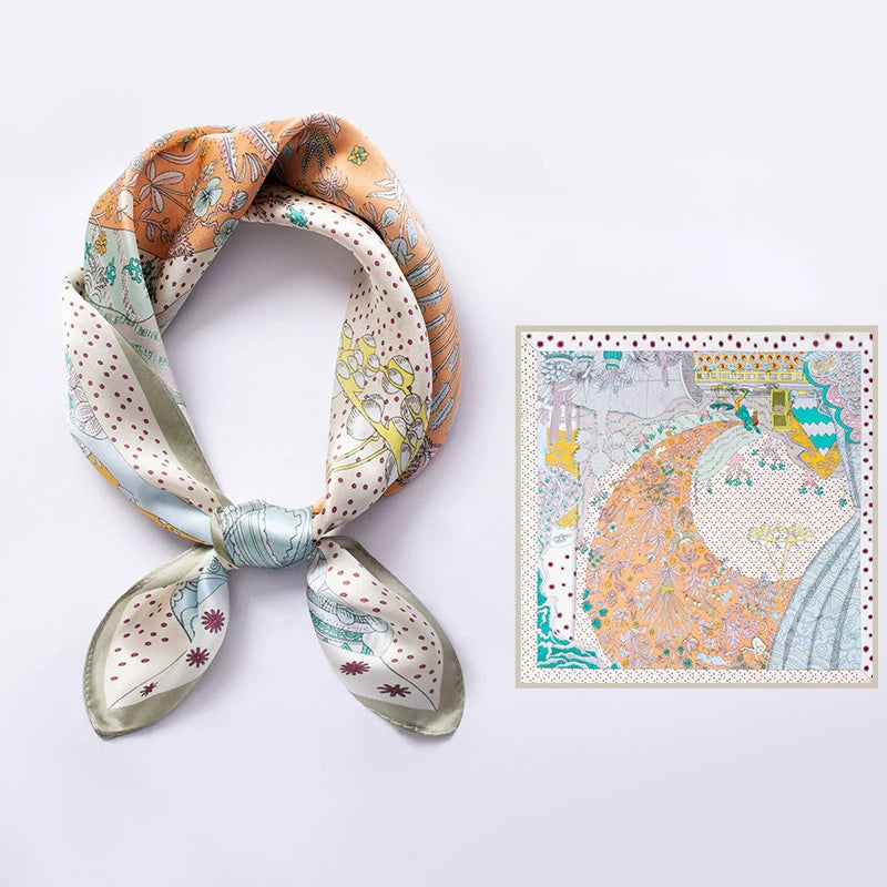 AuraOrient 100% Mulberry silk square scarf in Floral Melody Green, featuring poetic botanical motifs and a soothing vintage green palette.