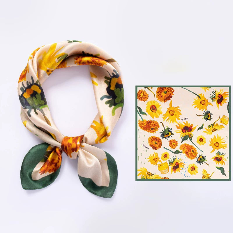 AuraOrient 100% Mulberry silk square scarf shown tied and laid flat, featuring vibrant yellow sunflower blossoms and a vintage green border.
