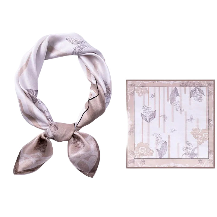 AuraOrient 100% Mulberry silk square scarf in neutral khaki, showing the tied and flat versions with elegant Lily of the Valley and butterfly motifs.