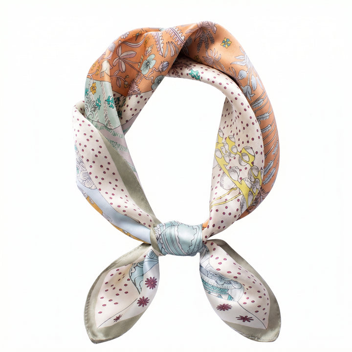 100% Mulberry Silk Square Scarf - "Floral Melody Green" | AuraOrient