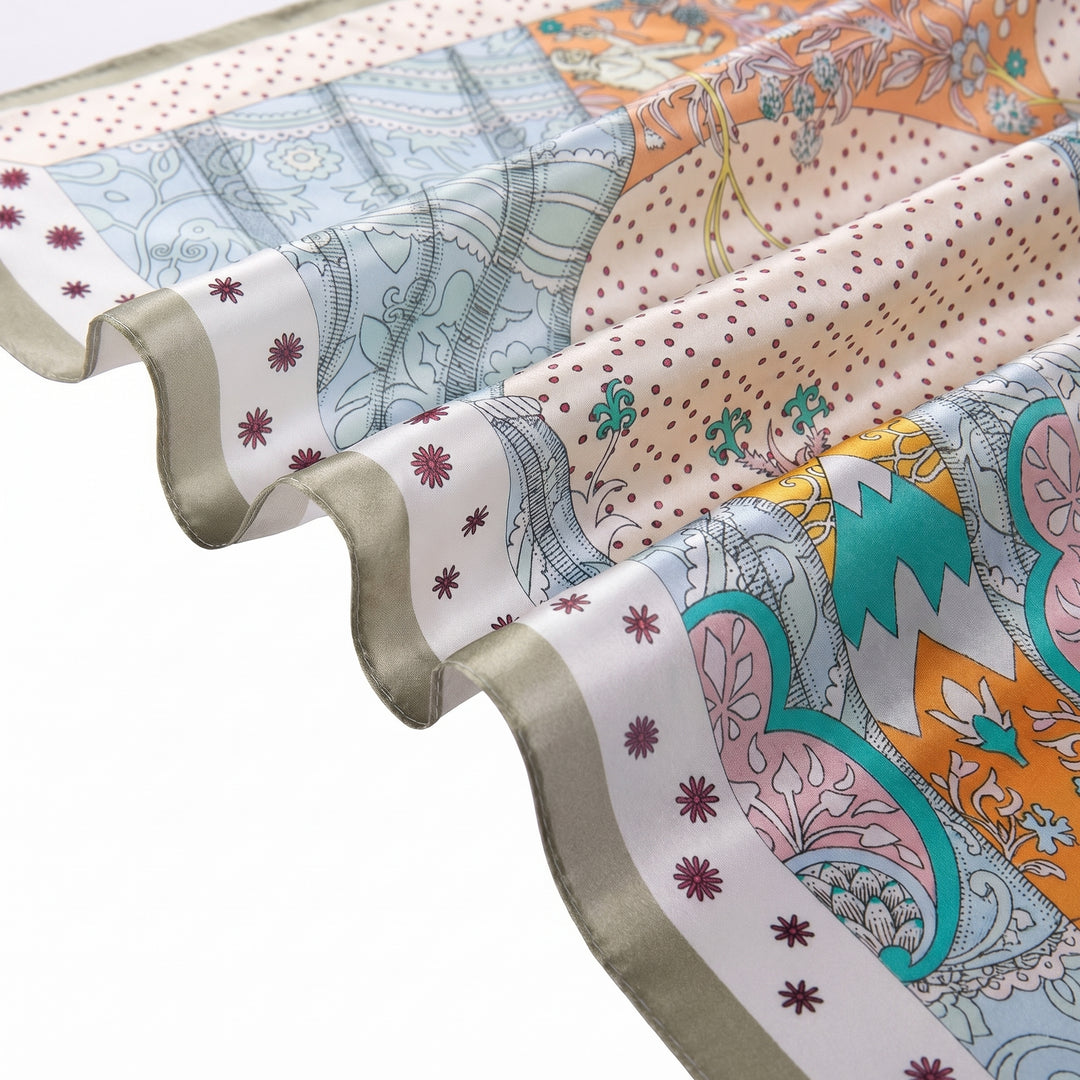100% Mulberry Silk Square Scarf - "Floral Melody Green" | AuraOrient