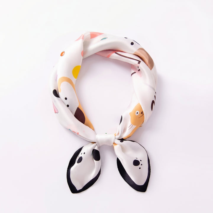 100% Mulberry Silk Square Scarf - "Cat Paradise Black" | AuraOrient