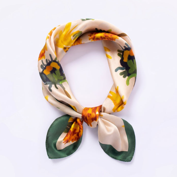 100% Mulberry Silk Square Scarf - "Golden Sunflower" | AuraOrient