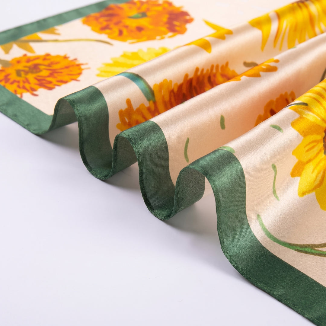 100% Mulberry Silk Square Scarf - "Golden Sunflower" | AuraOrient