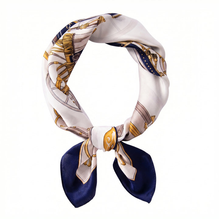 100% Mulberry Silk Square Scarf - "Navy Pumpkin Carriage" | AuraOrient
