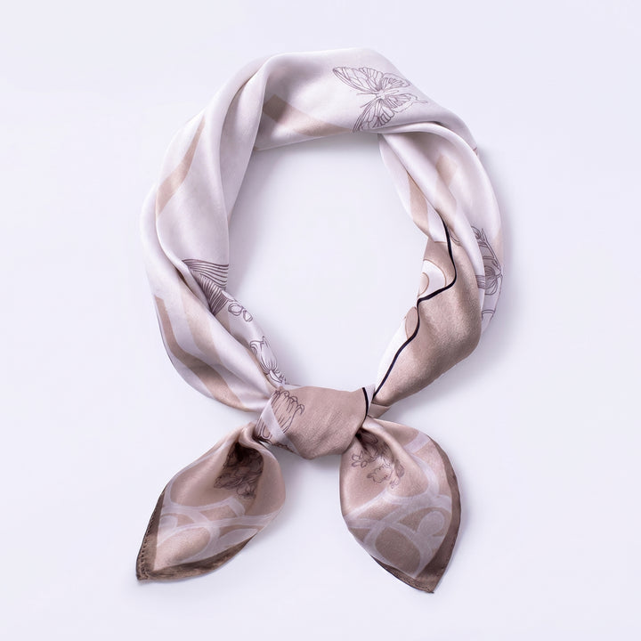 100% Mulberry Silk Square Scarf - "Khaki Lily of the Valley" | AuraOrient