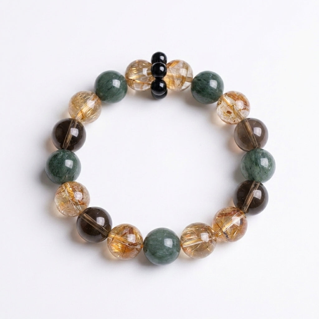 "Gilded Forest" | Natural Green Rutilated &amp; Fire Quartz Bracelet