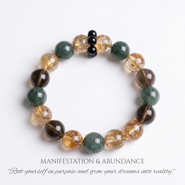 "Gilded Forest" | Natural Green Rutilated &amp; Fire Quartz Bracelet