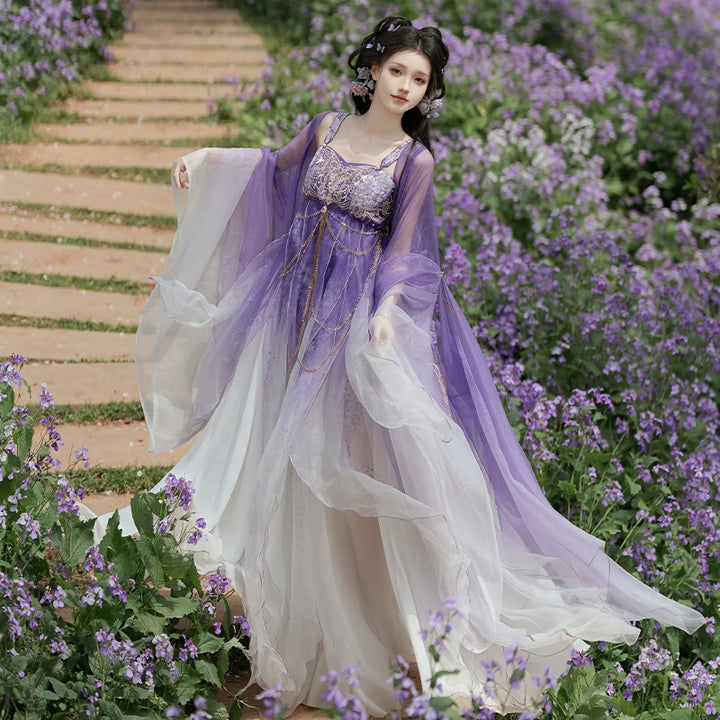 (Ninefold Purple) | Tang-Inspired Wisteria Embroidered Hezi Skirt &amp; Outer Robe Set