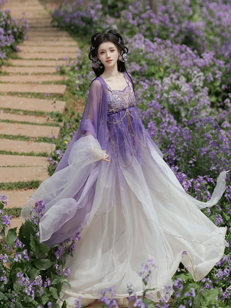 (Ninefold Purple) | Tang-Inspired Wisteria Embroidered Hezi Skirt &amp; Outer Robe Set