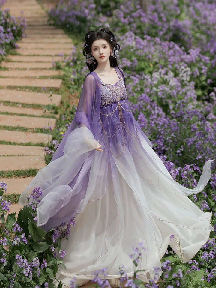 (Ninefold Purple) | Tang-Inspired Wisteria Embroidered Hezi Skirt &amp; Outer Robe Set
