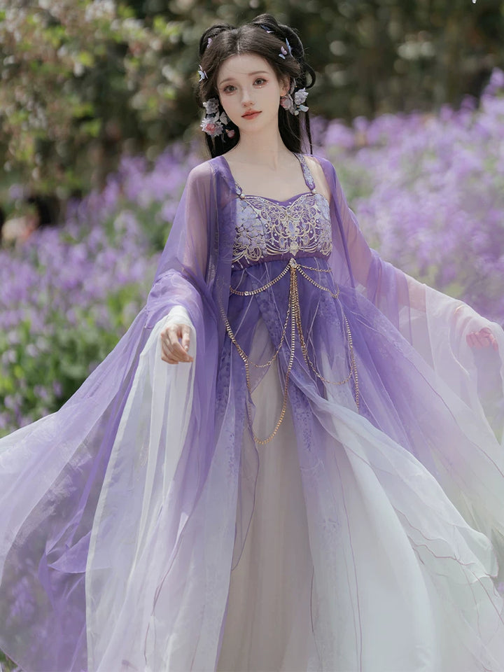 (Ninefold Purple) | Tang-Inspired Wisteria Embroidered Hezi Skirt &amp; Outer Robe Set