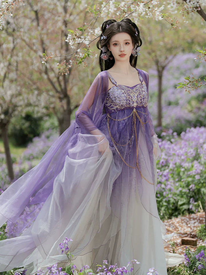 (Ninefold Purple) | Tang-Inspired Wisteria Embroidered Hezi Skirt &amp; Outer Robe Set