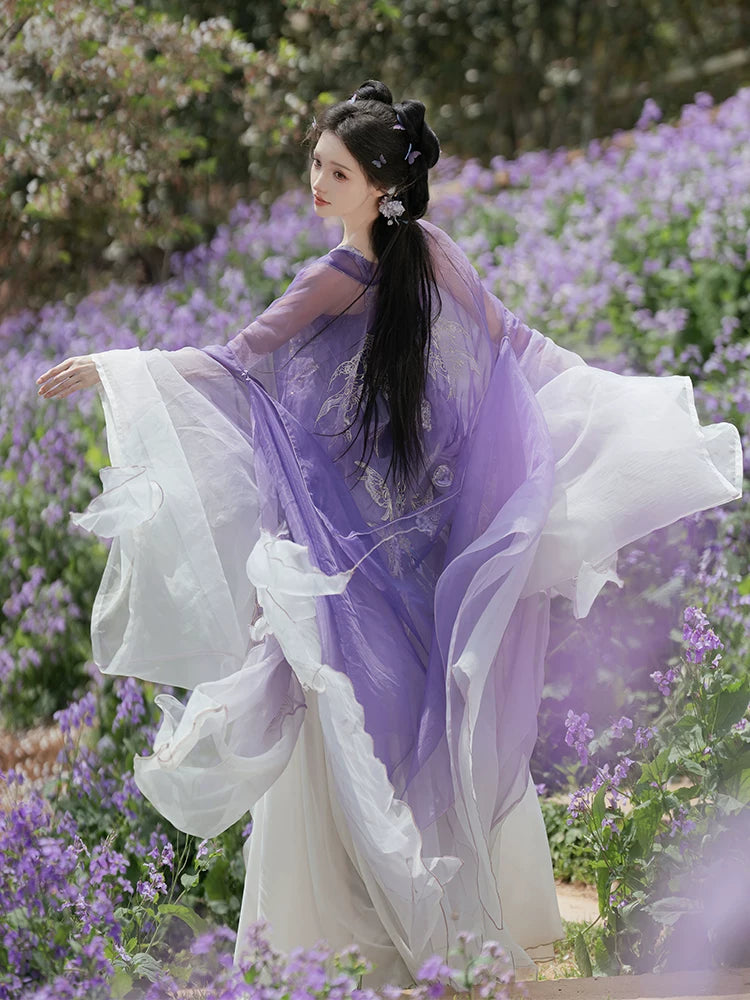 (Ninefold Purple) | Tang-Inspired Wisteria Embroidered Hezi Skirt &amp; Outer Robe Set
