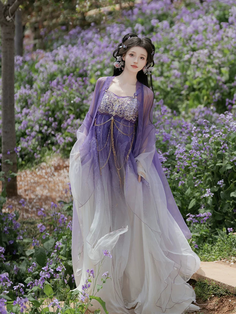 (Ninefold Purple) | Tang-Inspired Wisteria Embroidered Hezi Skirt &amp; Outer Robe Set