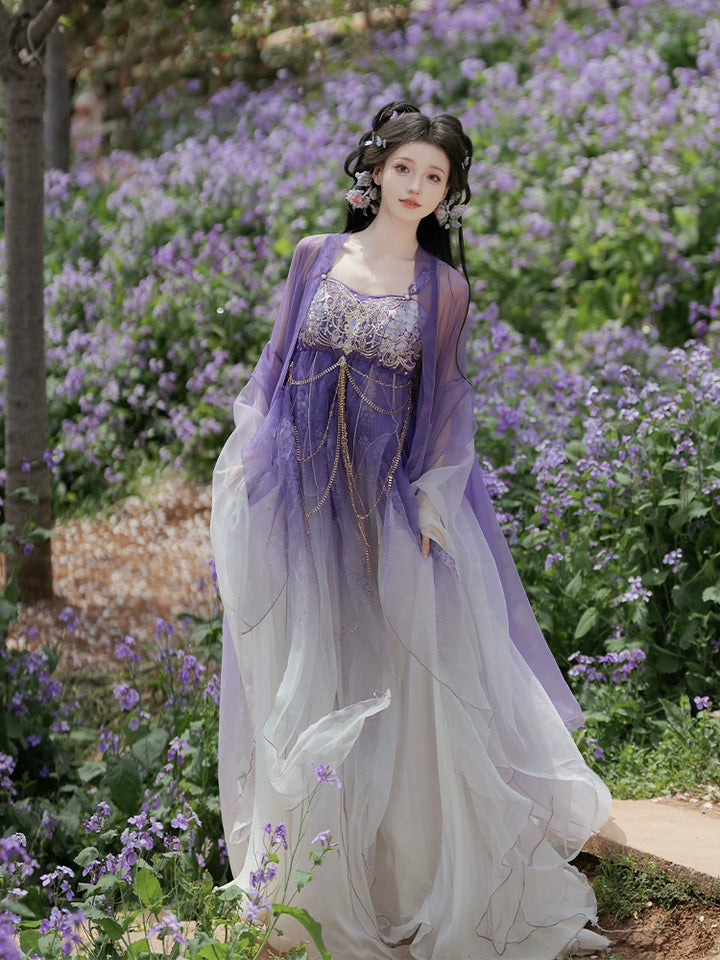 (Ninefold Purple) | Tang-Inspired Wisteria Embroidered Hezi Skirt &amp; Outer Robe Set