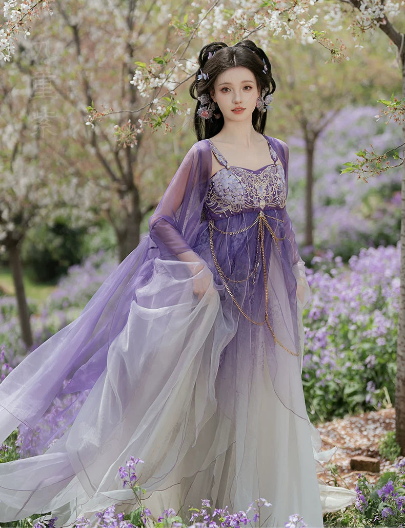(Ninefold Purple) | Tang-Inspired Wisteria Embroidered Hezi Skirt &amp; Outer Robe Set