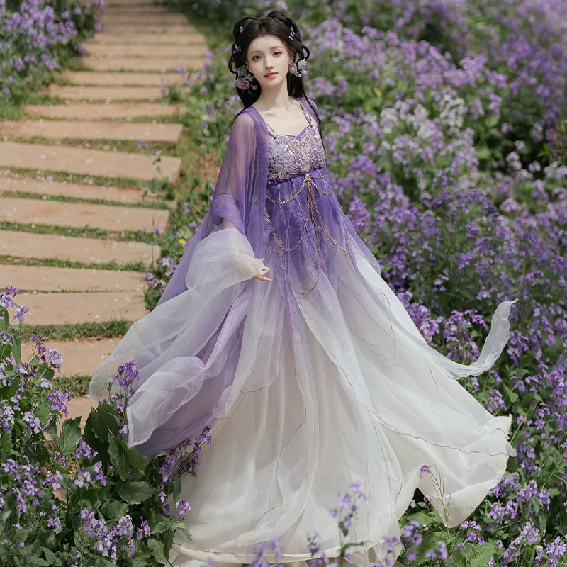 (Ninefold Purple) | Tang-Inspired Wisteria Embroidered Hezi Skirt &amp; Outer Robe Set