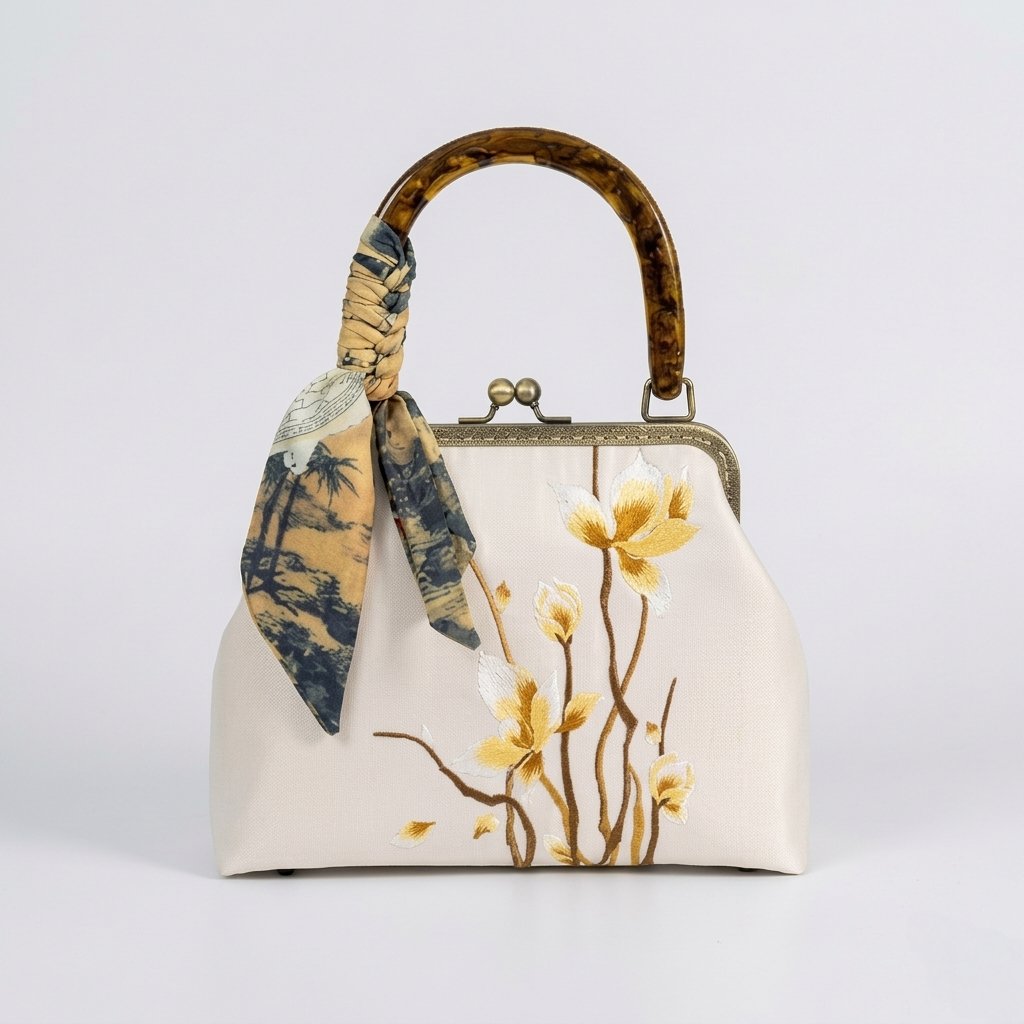 Elegant beige embroidered doctor bag style handbag featuring a classic bamboo handle and Oriental floral motifs.
