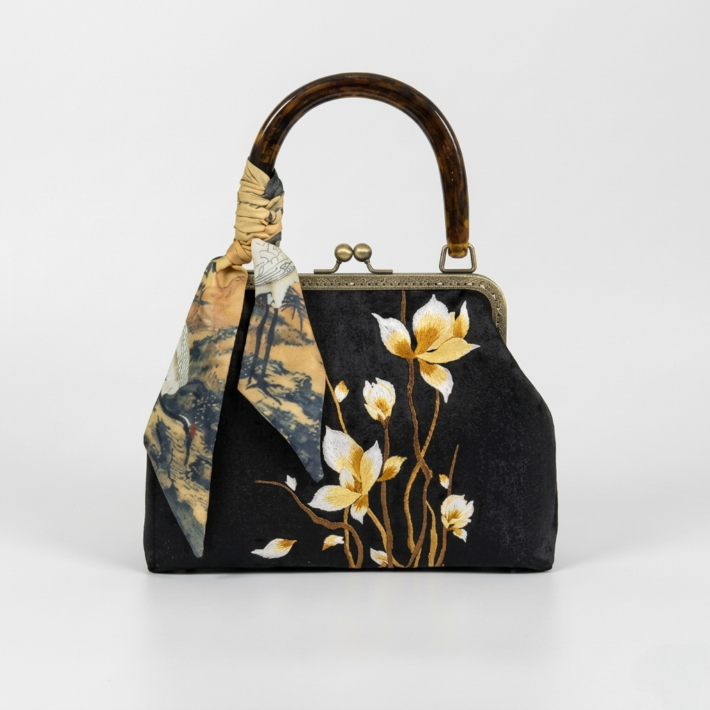 Vintage-inspired black kiss-lock handbag with golden floral embroidery and a sturdy bamboo top handle.