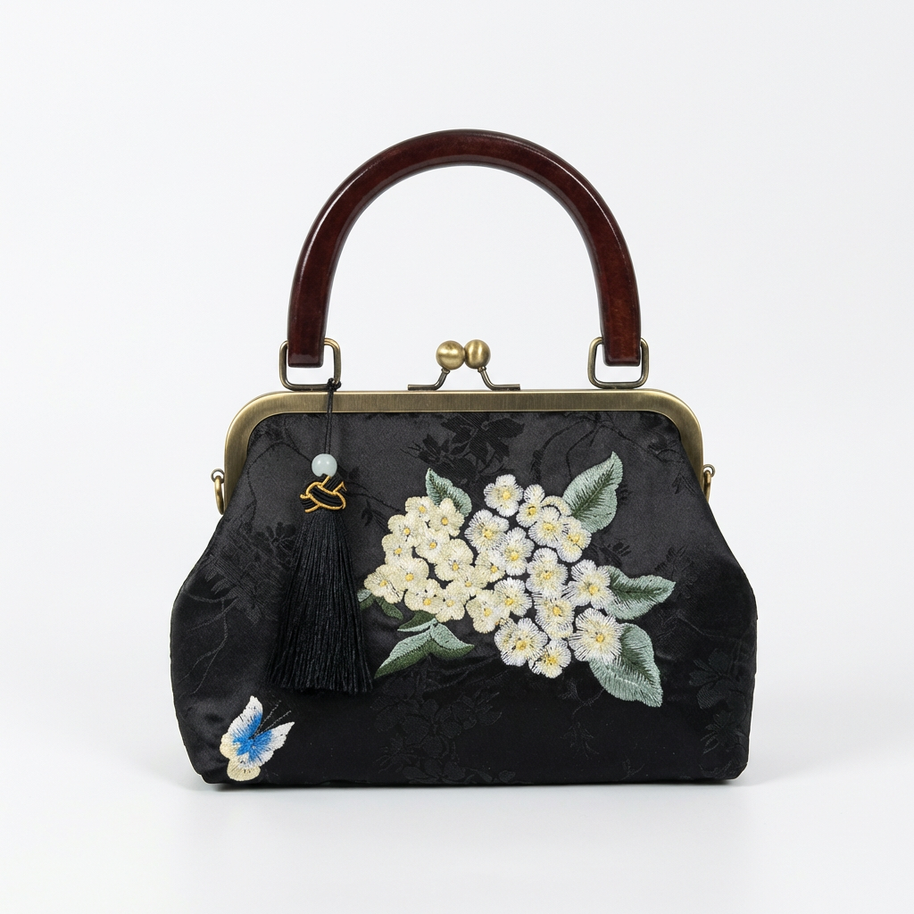 Sophisticated black silk handbag with floral embroidery and a dark vintage-style wooden handle.