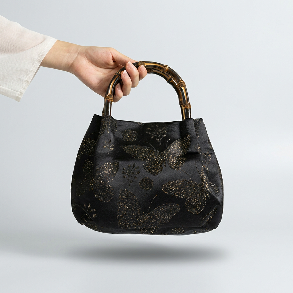 Close-up shot of the black brocade satchel being carried by its authentic natural bamboo handle.