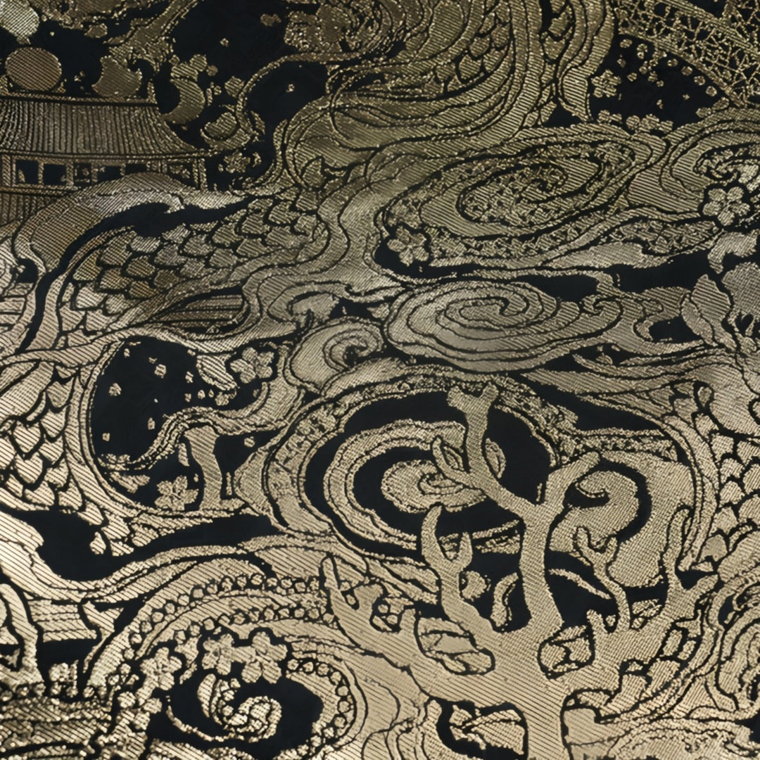 Extreme close-up of the intricate gold dragon embroidery on premium black fabric, highlighting the luxurious cultural craftsmanship.
