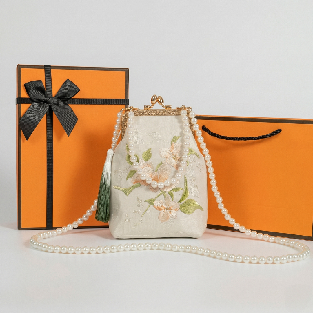 AuraOrient complete gift box set including the floral embroidered handbag, ribbon, and luxury packaging.