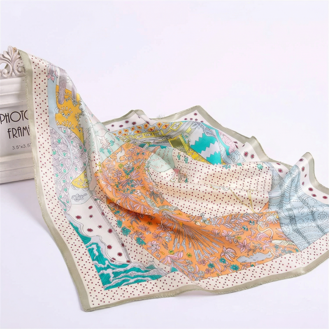 Elegantly draped Floral Melody Green silk neckerchief showing harmonious earth tones and rhythmic nature-inspired floral illustrations.