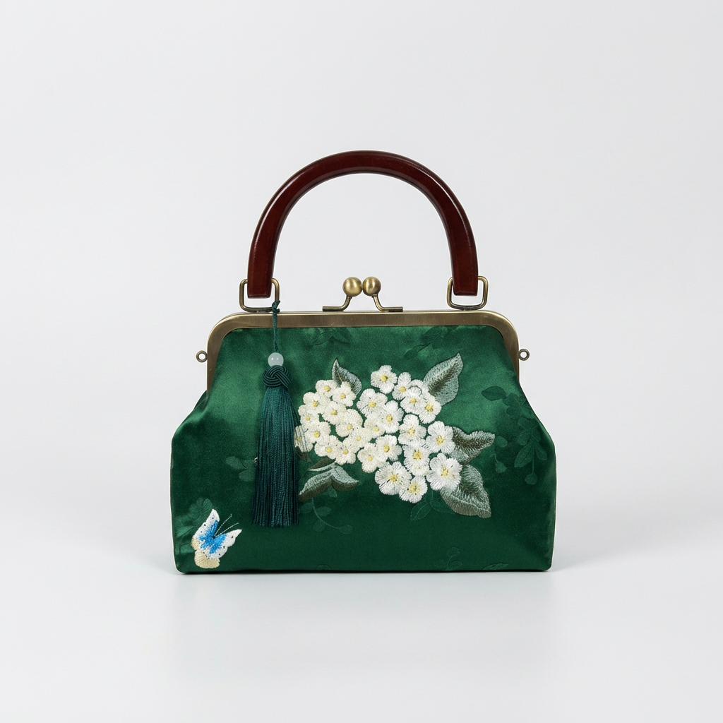 Rich emerald green heavy silk bag with floral needlework and a smooth dark wood handle.