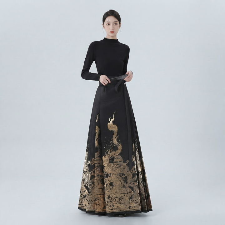 Front view of the black and gold Chinoiserie set, showcasing the majestic sweeping dragon embroidery on the pleated skirt.