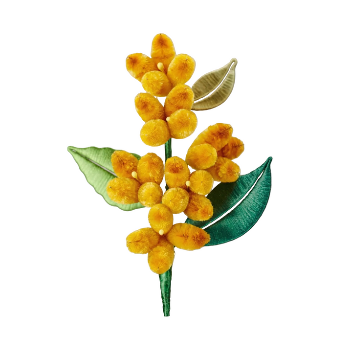 Close-up detail of the lifelike Golden Osmanthus silk velvet flower cluster, showcasing exquisite traditional heritage artisan craftsmanship.