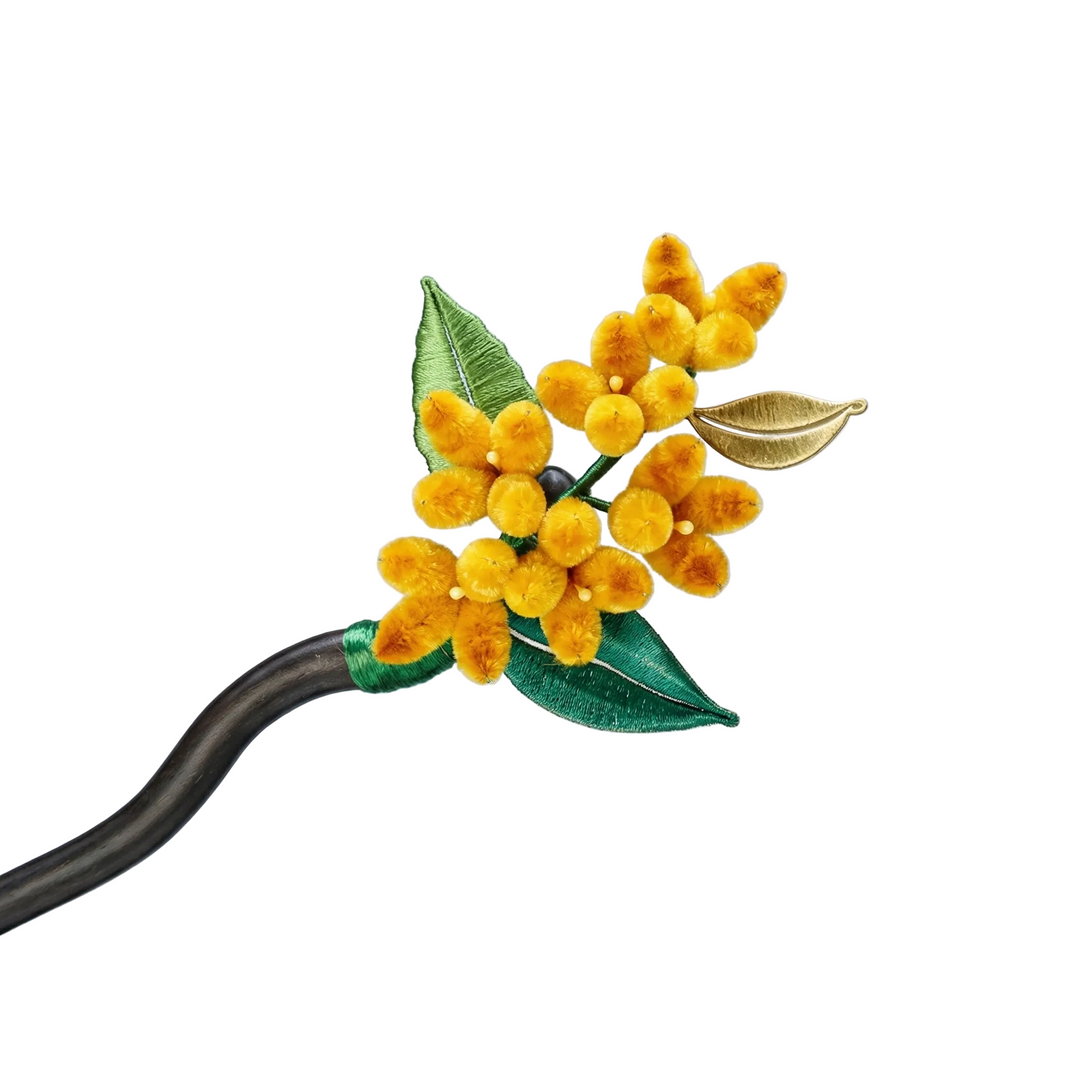 AuraOrient handcrafted Golden Osmanthus hair stick featuring lifelike silk velvet petals and green leaves on an elegant wooden pin.