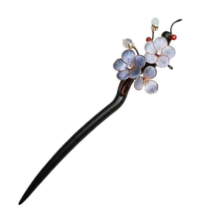 AuraOrient handcrafted light blue plum blossom hair stick featuring premium silk velvet petals and an elegantly curved dark wooden hairpin.
