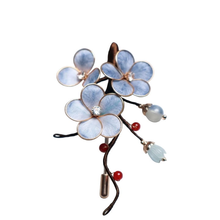 AuraOrient handcrafted light blue silk velvet plum blossom brooch with gold-tone wire framing and sparkling center accents.
