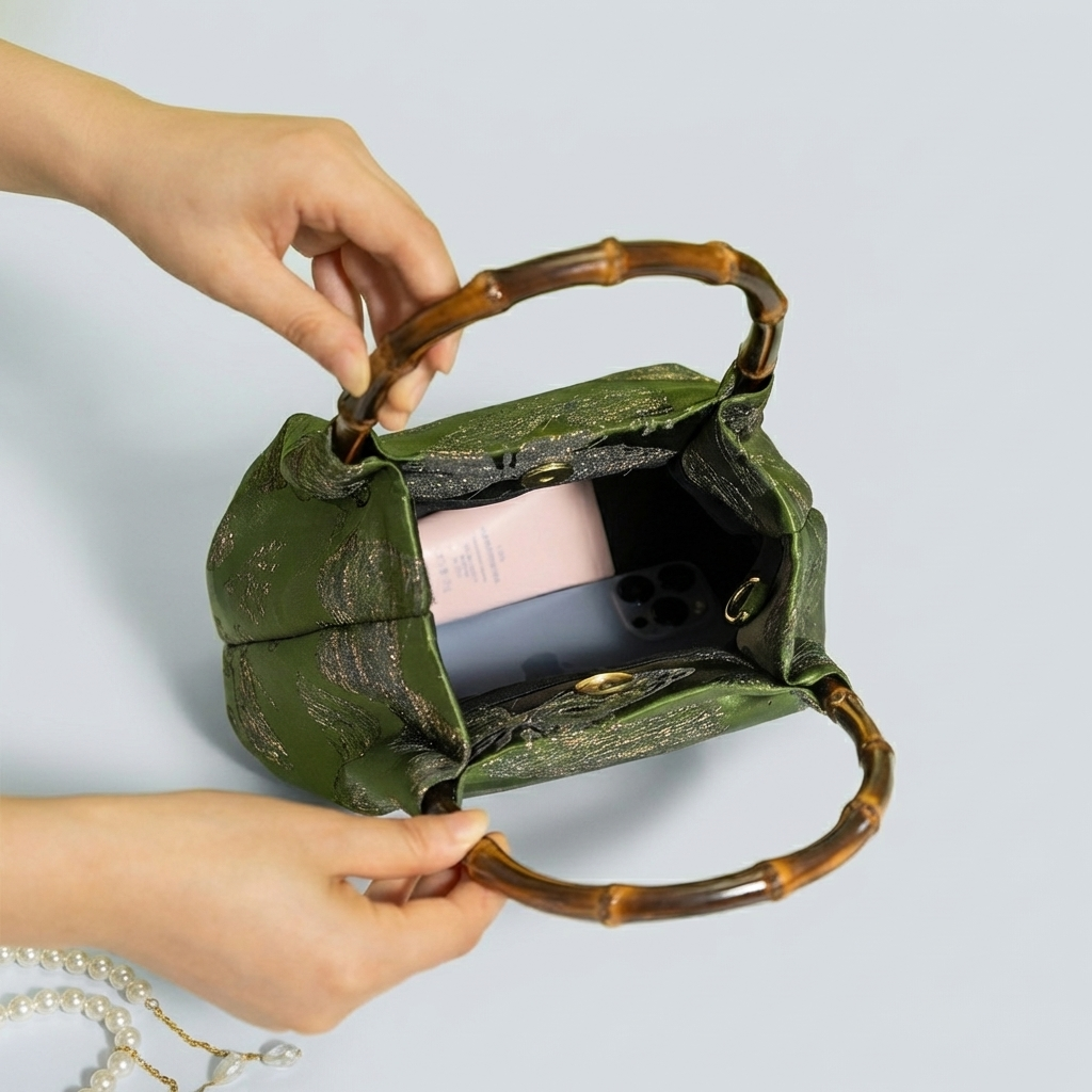 Interior view of the green bamboo satchel showing the spacious compartment for personal essentials.
