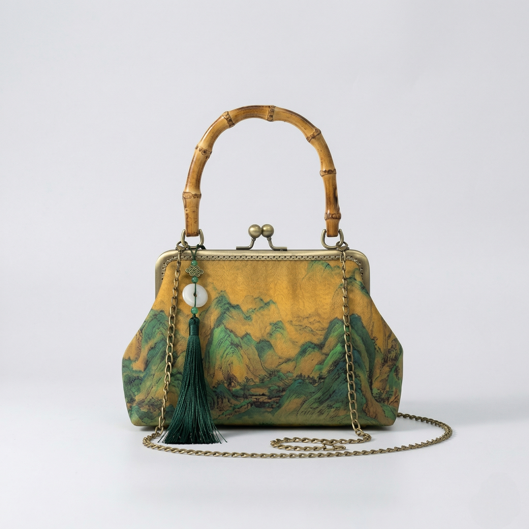 The landscape-themed kiss-lock handbag shown with its detachable gold chain strap for versatile crossbody or shoulder wear.