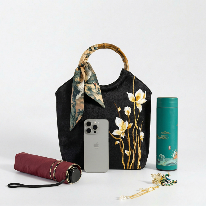 Demonstrating the large capacity of the tote bag with items like a phone, umbrella, and water bottle.