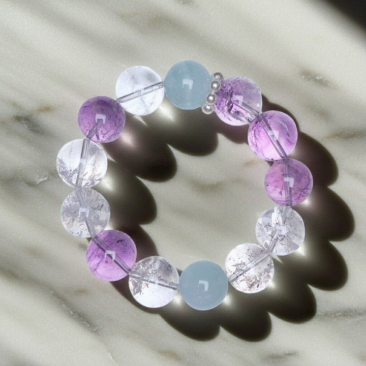 "Celestial Light" | Natural Azeztulite &amp; Amethyst Hand-Strung Bracelet