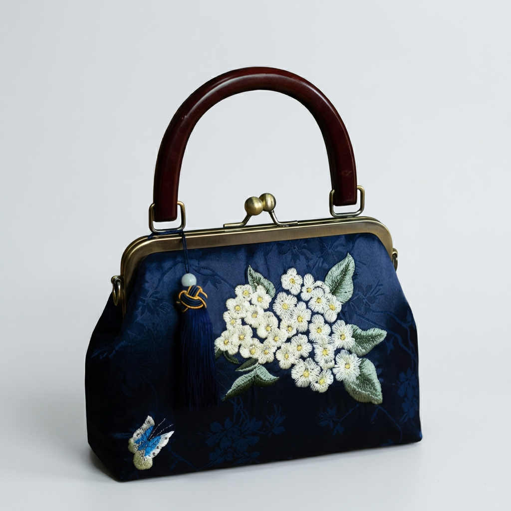 Elegant navy blue embroidered silk bag featuring a classic kiss-lock frame and polished wooden top handle.