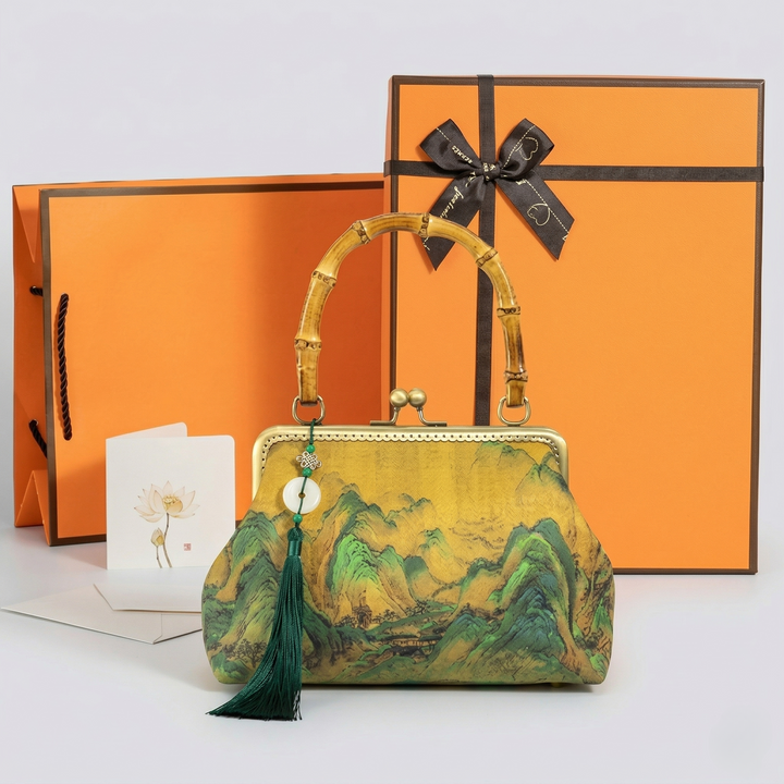 Luxury gift box packaging for the Oriental landscape painting handbag, making it a perfect unique gift for birthdays or special occasions.