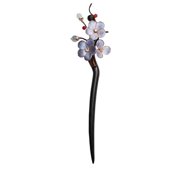 Detailed view of the light blue silk velvet plum blossoms with intricate gold-tone wire and charming dangling beads on an artisan wooden hair stick.