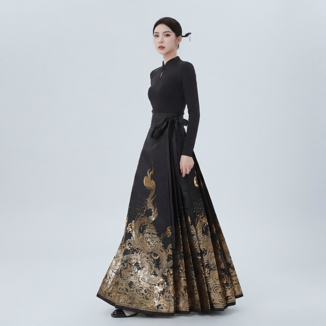 AuraOrient regal black and gold ensemble featuring a wrap-around pleated maxi skirt with intricate dragon embroidery and a tailored black top.