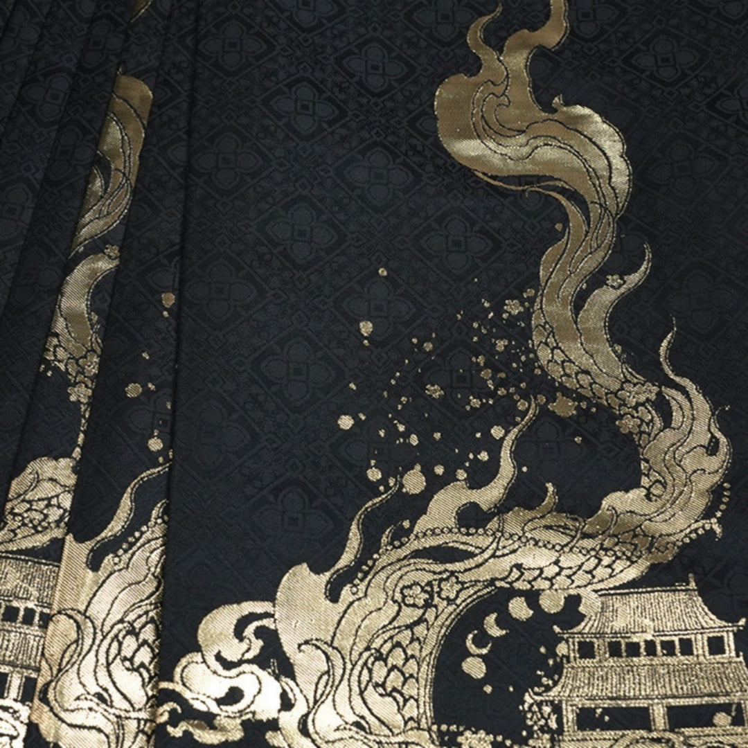 Detailed view of the regal dragon motif embroidery that catches the light, showcasing the high-quality gold thread work.