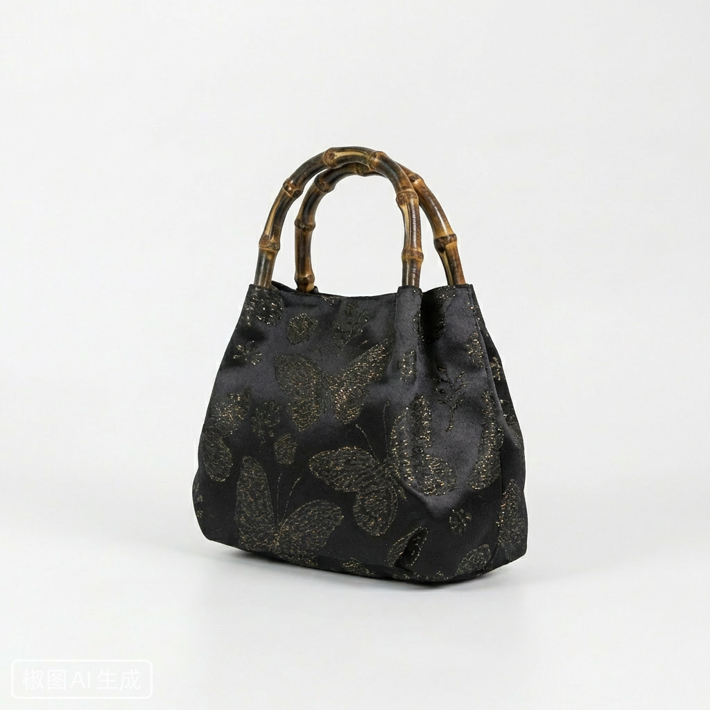 Side profile of the black Zen Garden bamboo satchel highlighting its elegant and structured silhouette.