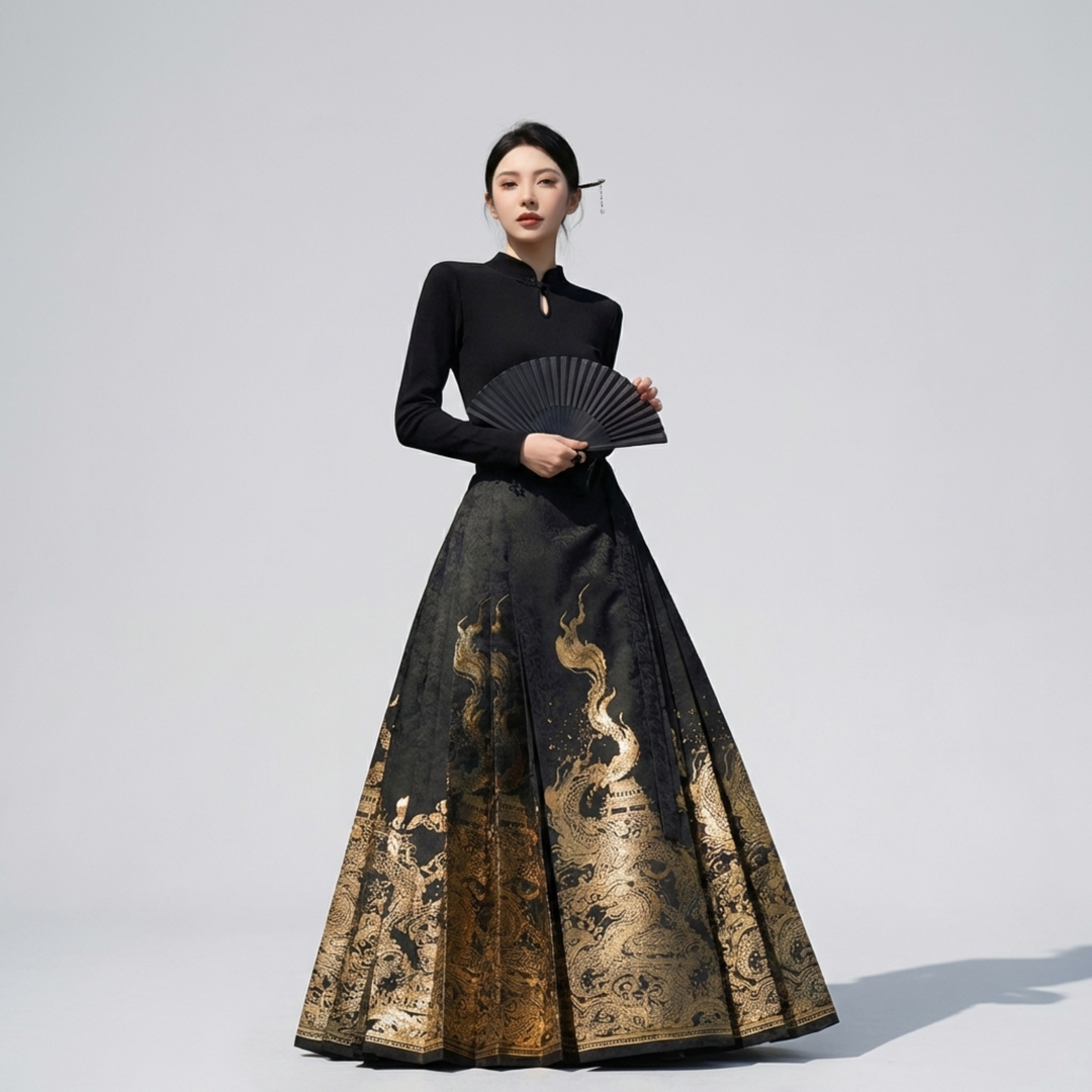 A sophisticated black and gold dragon skirt set, ideal for evening events and cultural celebrations, delivering an elegant silhouette.