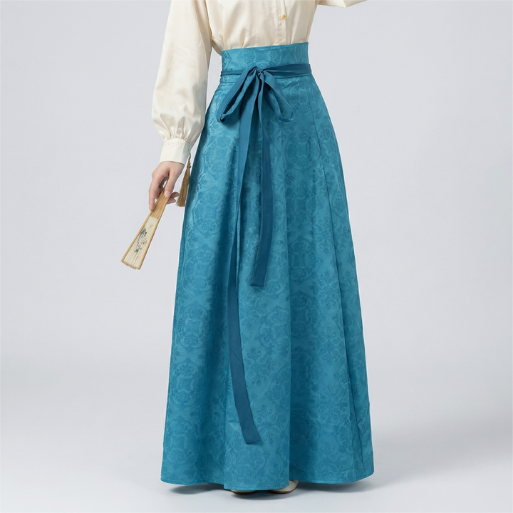 Close-up of the teal blue maxi skirt&