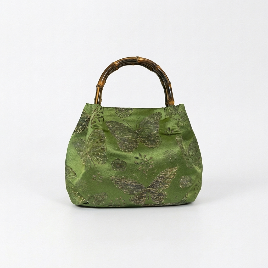 Side view of the vintage green brocade handbag highlighting the rich texture and traditional bamboo frame.